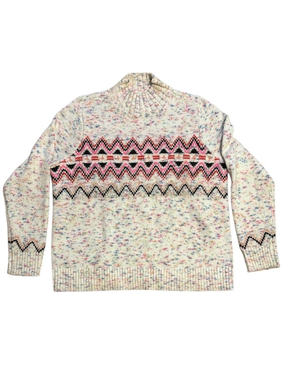 LOFT Flecked Fair Isle Mock Turtleneck Sweater White Multi Size L